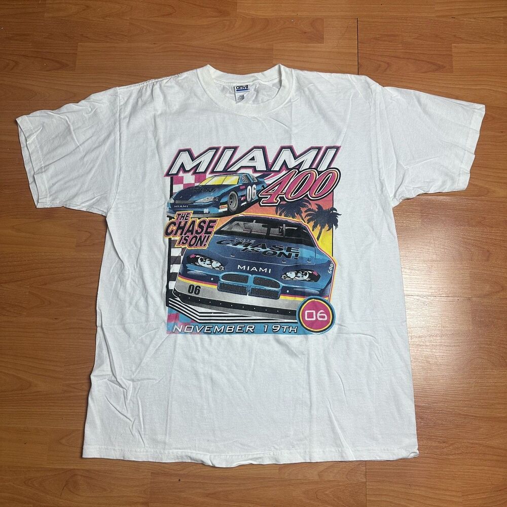 VTG Y2K 2006 Nascar Miami 400 White Shirt Size XL Miami Vice Colors